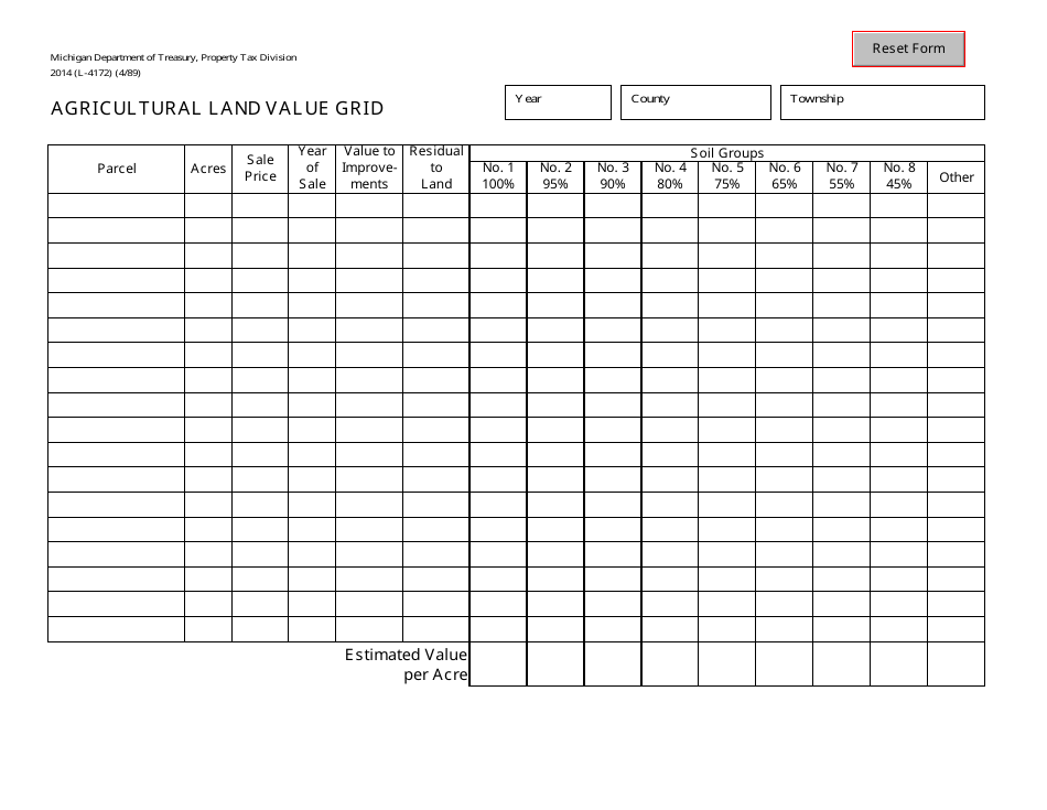 Form 2014 (L-4172) Agricultural Land Value Grid - Michigan, Page 1