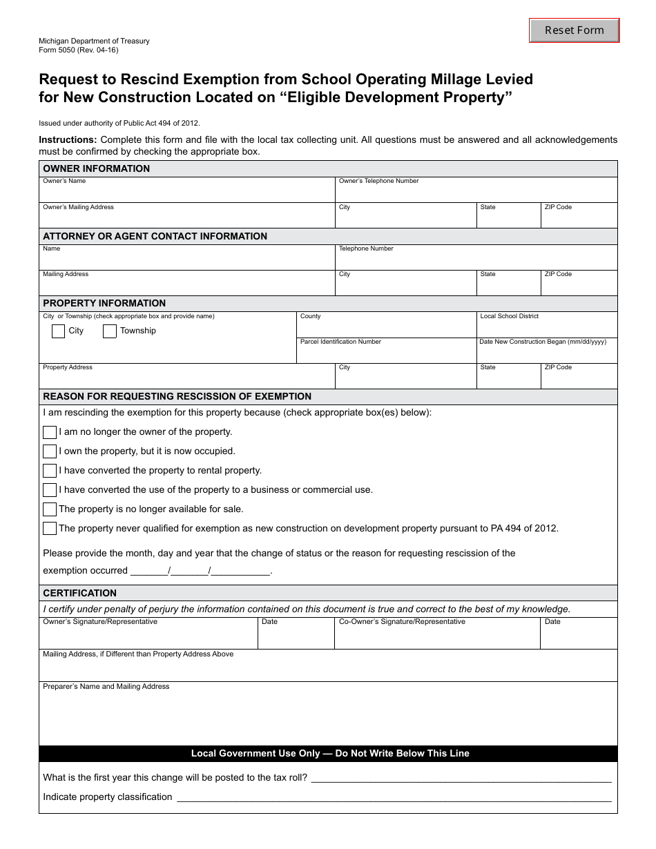 Form 5050 Request to Rescind Exemption From School Operating Millage Levied for New Construction Located on Eligible Development Property - Michigan, Page 1