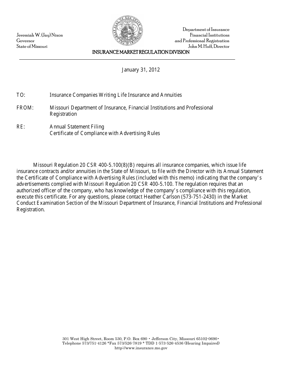 Affidavit: Certificate of Compliance With Advertising Rules - Missouri, Page 1