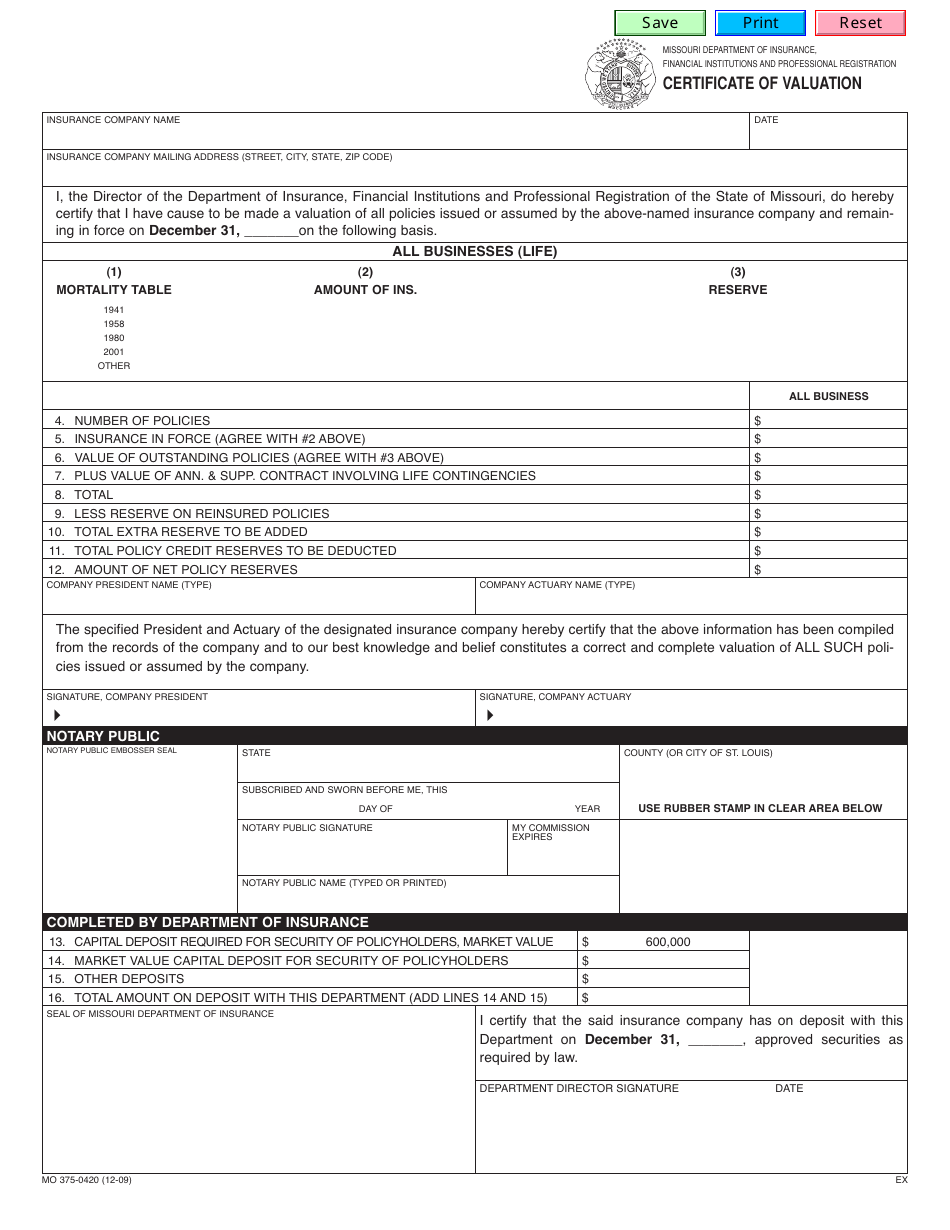 Form MO375 0420 Download Fillable PDF or Fill Online Certificate of
