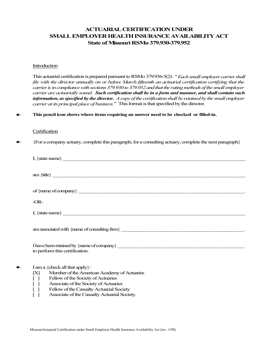 Actuarial Certification Under Small Employer Health Insurance Availability Act - Missouri, Page 1