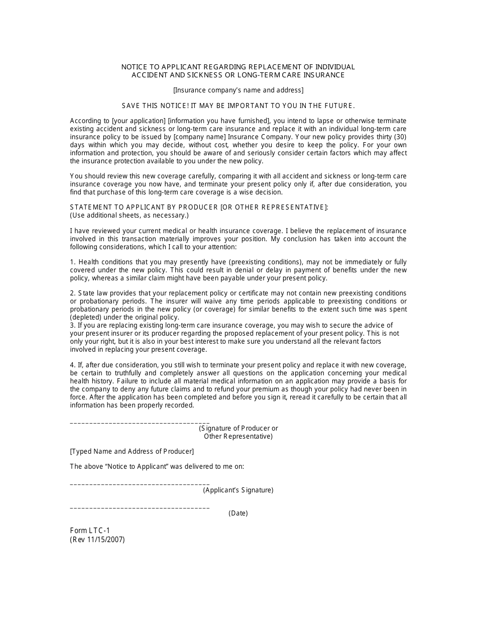 Form LTC-1 Notice to Applicant Regarding Replacement of Individual Accident and Sickness or Long-Term Care Insurance - Missouri, Page 1