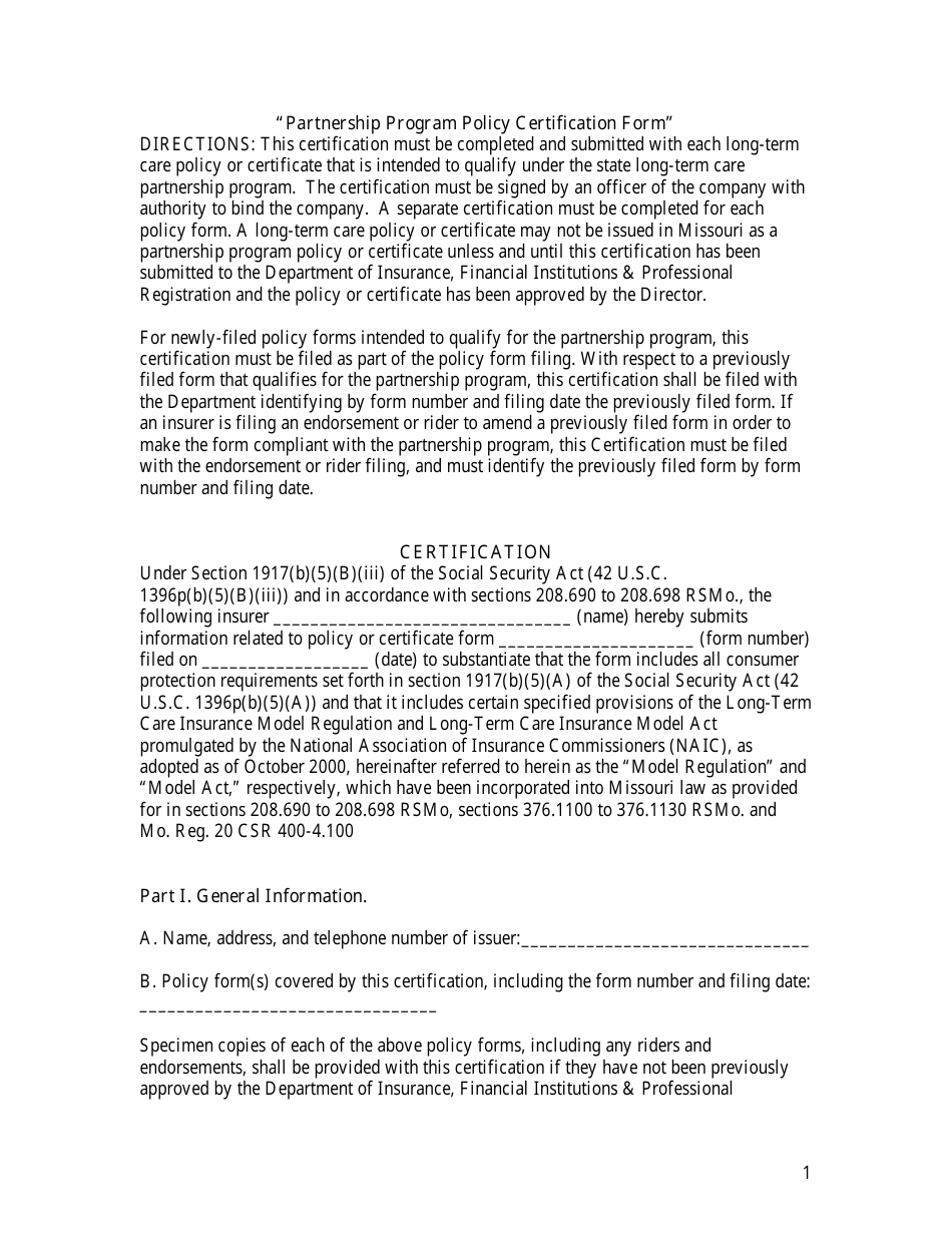 Form LTC-5 Partnership Program Policy Certification Form - Missouri, Page 1