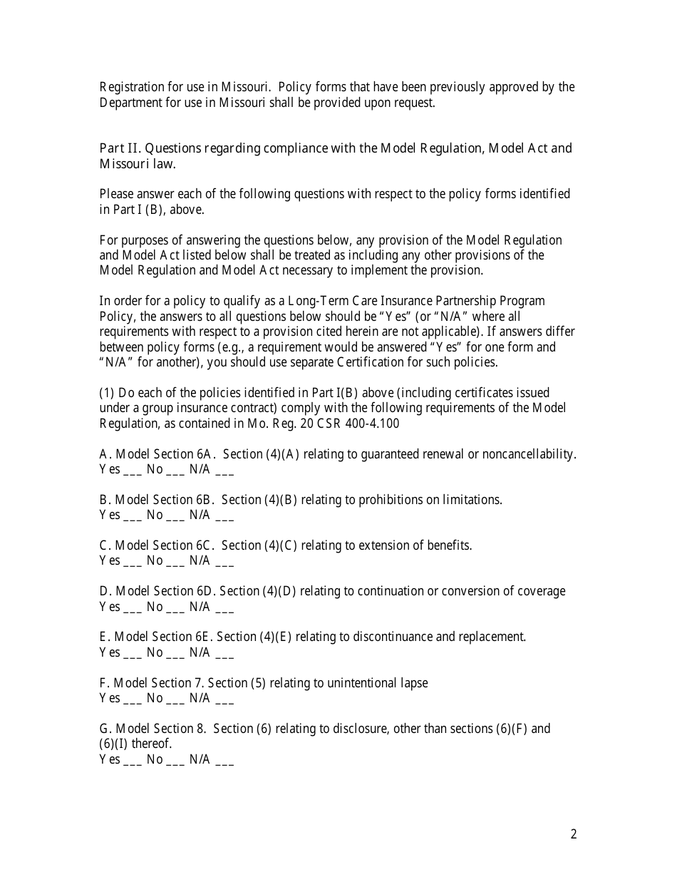 Form LTC-5 Partnership Program Policy Certification Form - Missouri, Page 2