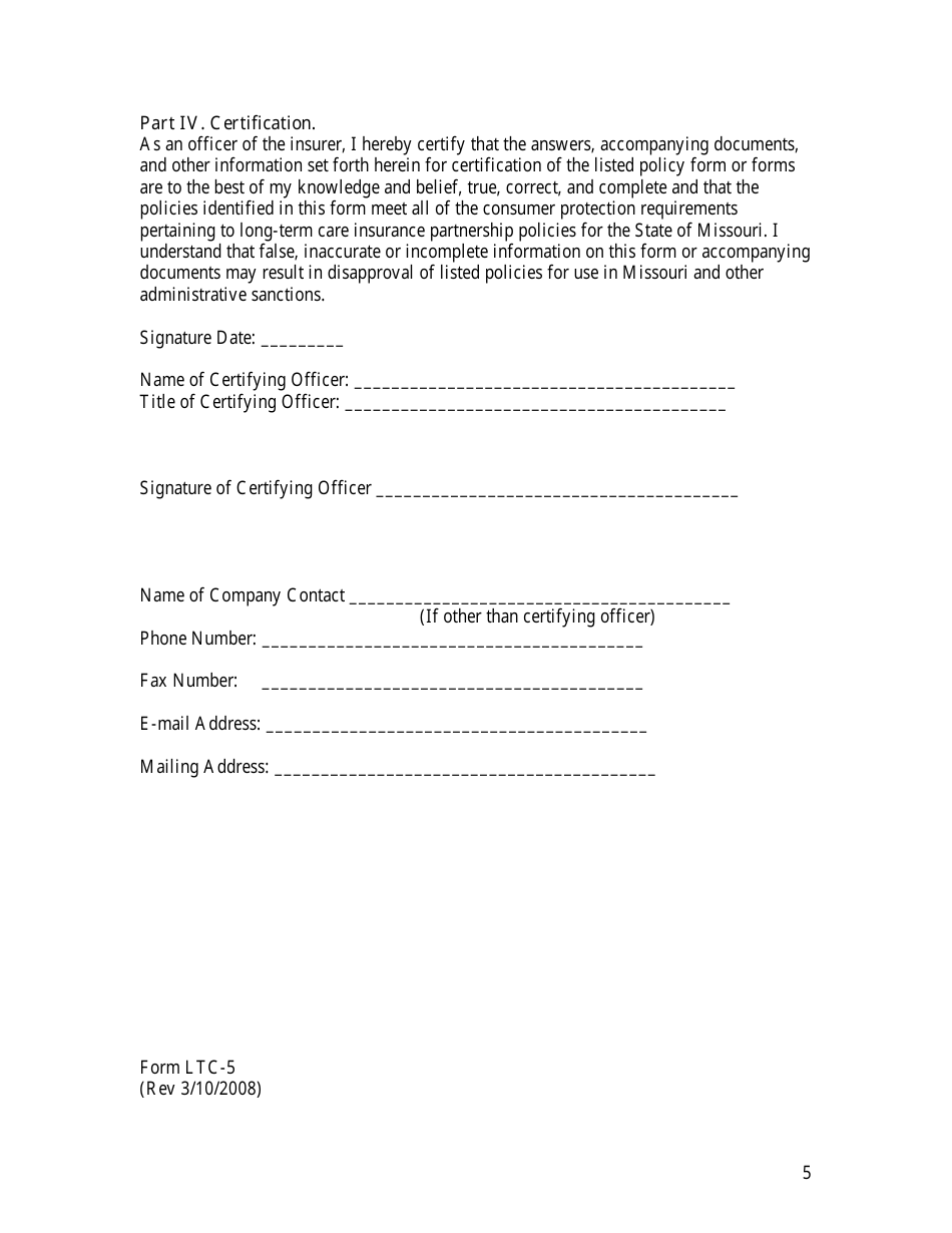 Form LTC-5 Partnership Program Policy Certification Form - Missouri, Page 5