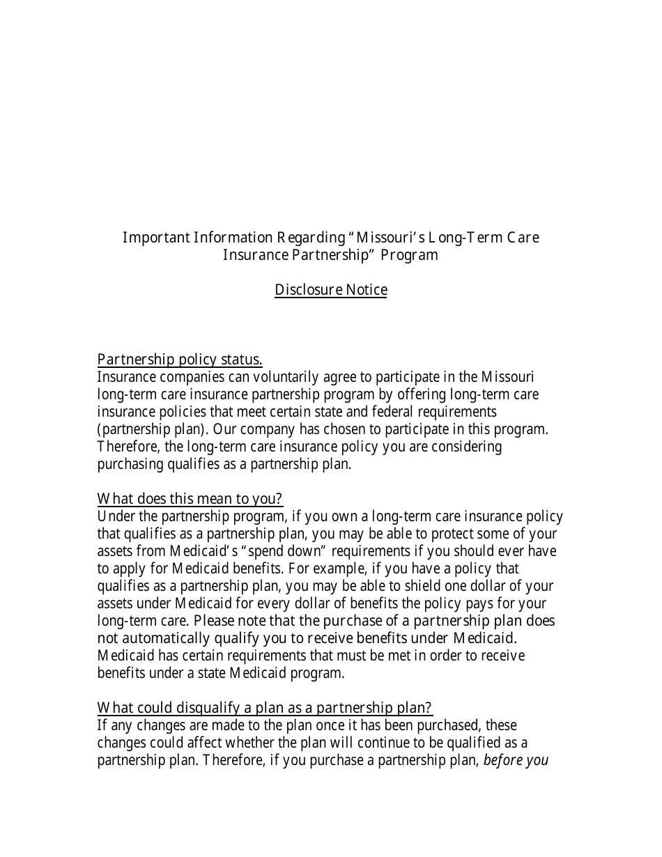 Form LTC-6 Long-Term Care Insurance Partnership Disclosure Notice - Missouri, Page 1