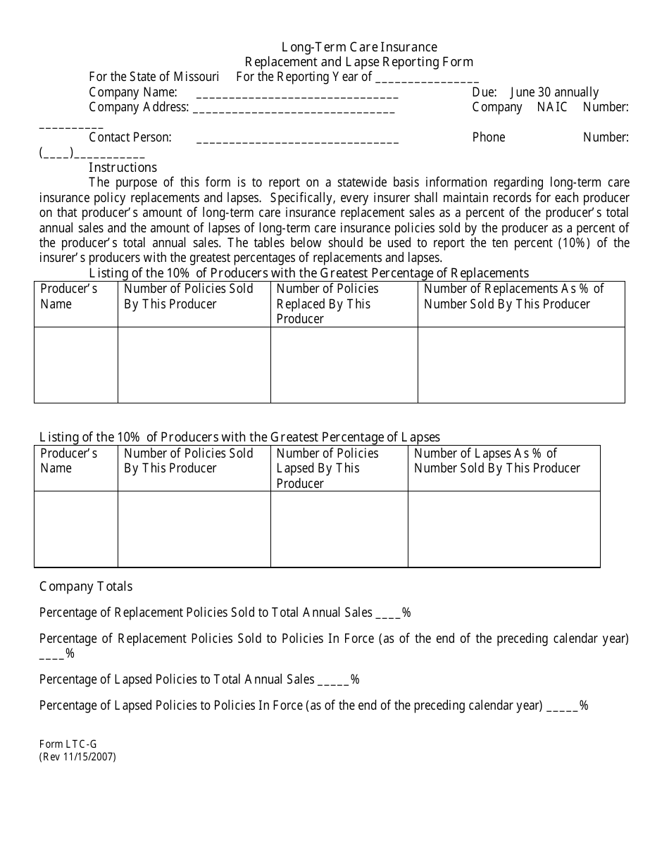Form LTC-G Long-Term Care Insurance Replacement and Lapse Reporting Form - Missouri, Page 1
