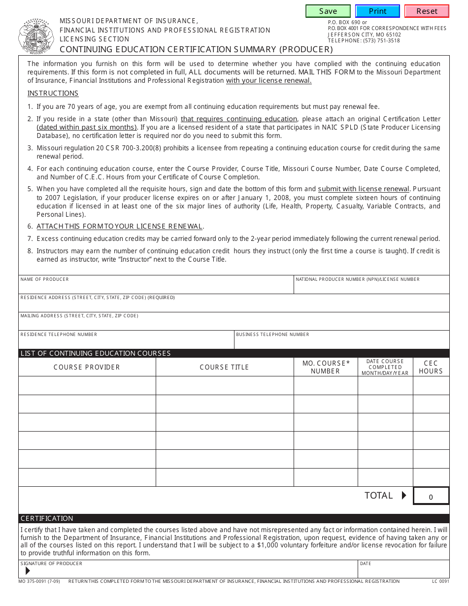 Form MO375-0091 Continuing Education Certification Summary (Producer) - Missouri, Page 1