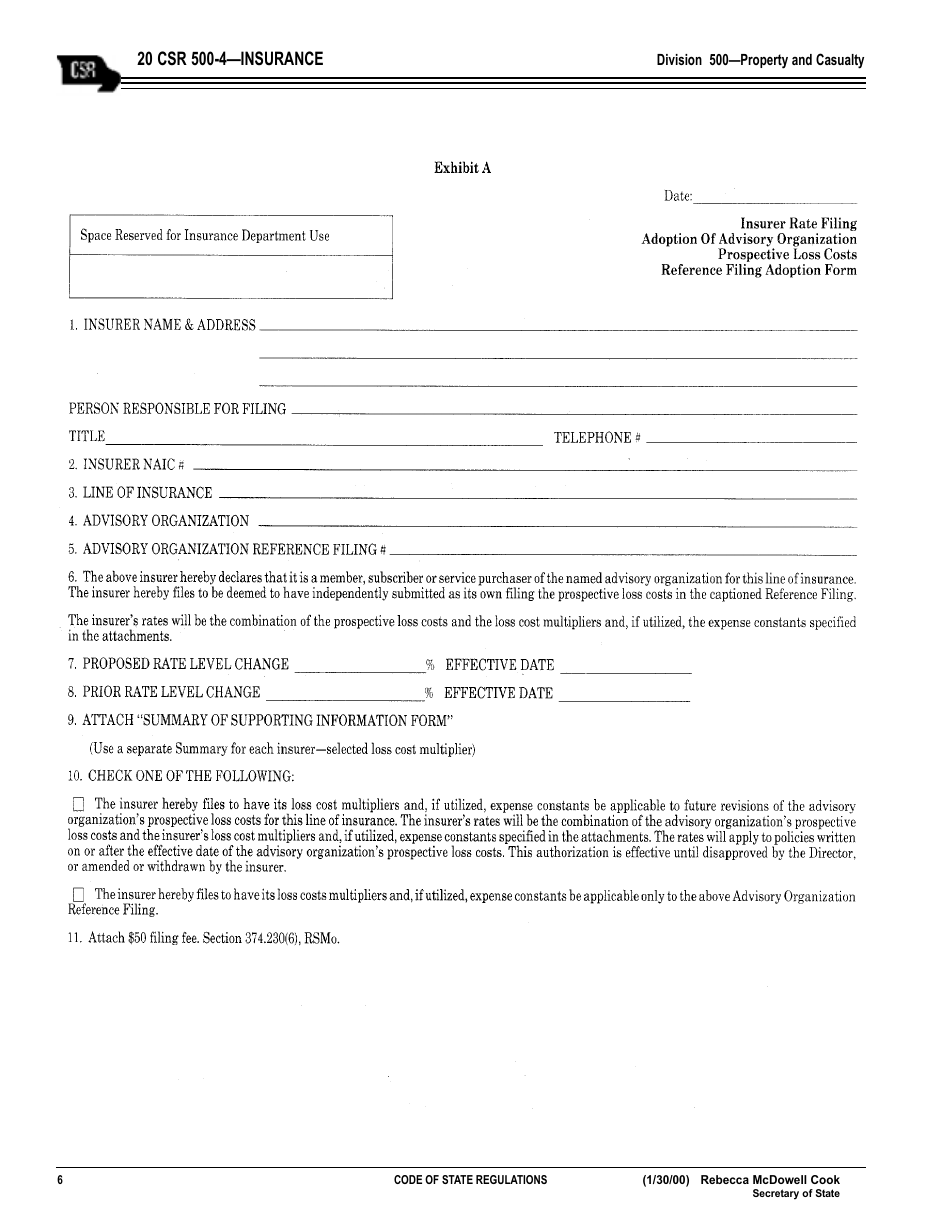 Exhibit A Rate Filing Form - Missouri, Page 1