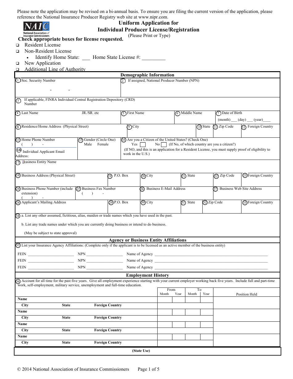 Uniform Application for Individual Producer License / Registration, Page 1