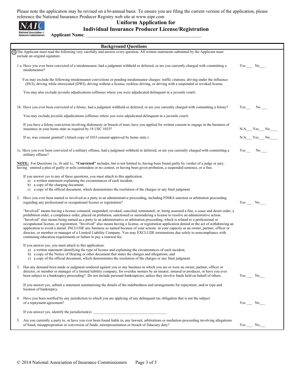 Uniform Application for Individual Producer License / Registration, Page 3