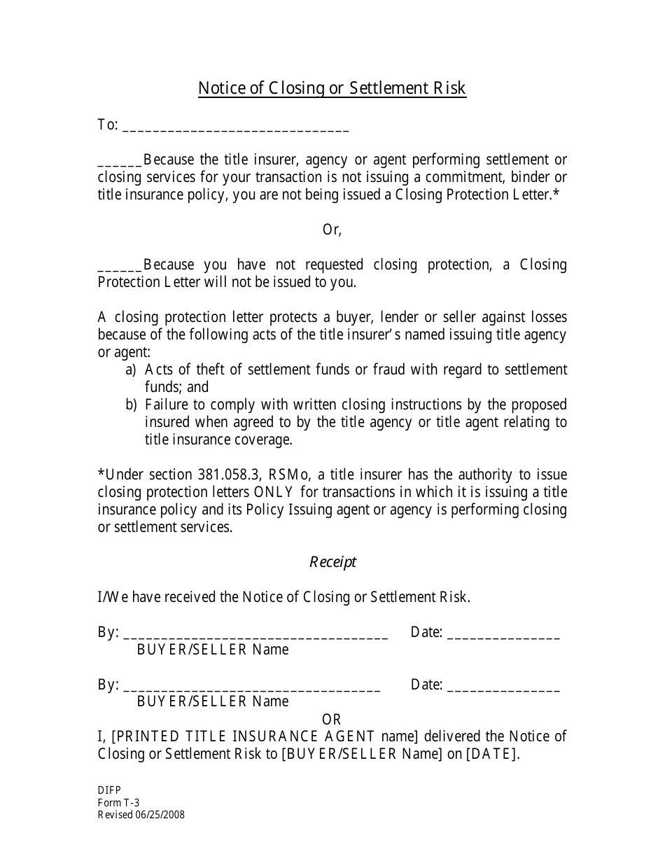 Form T-3 Notice of Closing or Settlement Risk - Missouri, Page 1