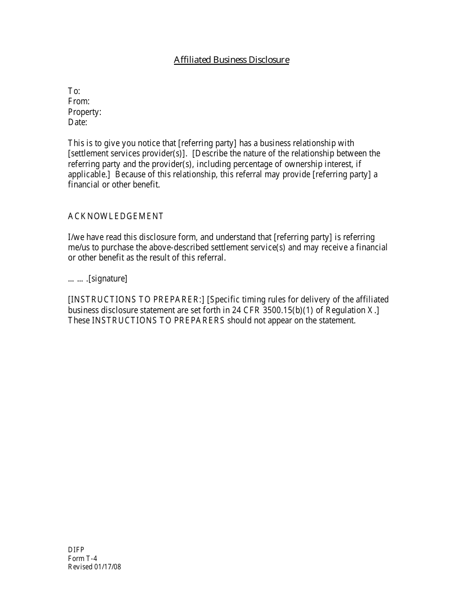 Form T-4 Affiliated Business Disclosure - Missouri, Page 1