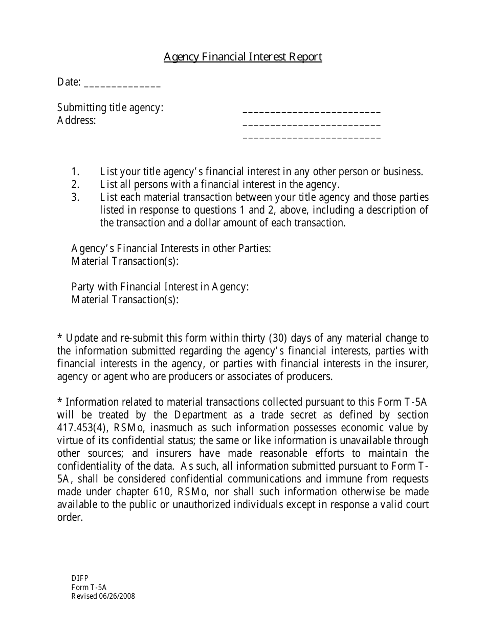 Form T-5A Agency Financial Interest Report - Missouri, Page 1