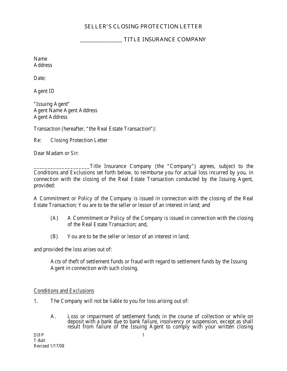 Form T-8ALT Sellers Closing Protection Letter - Missouri, Page 1