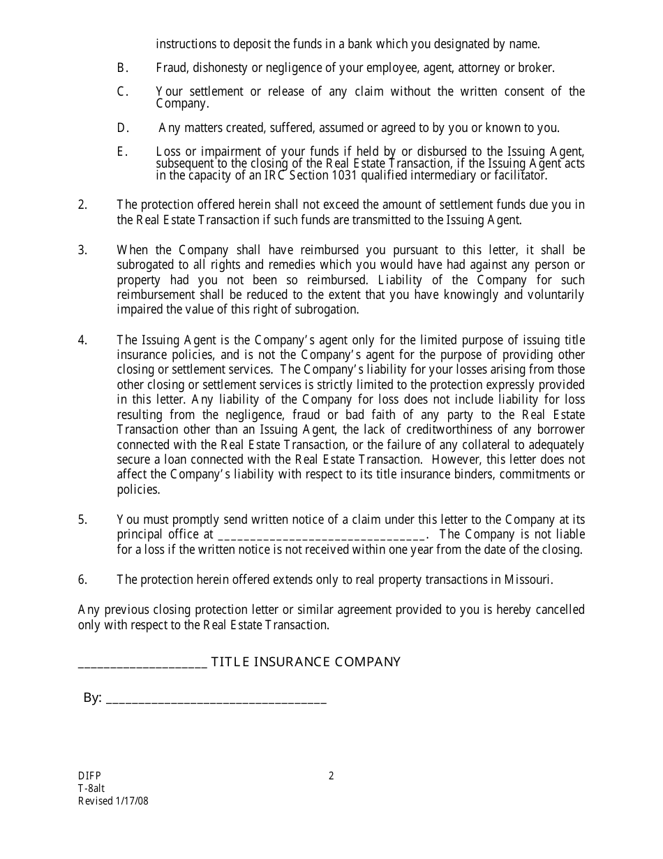 Form T-8ALT Sellers Closing Protection Letter - Missouri, Page 2