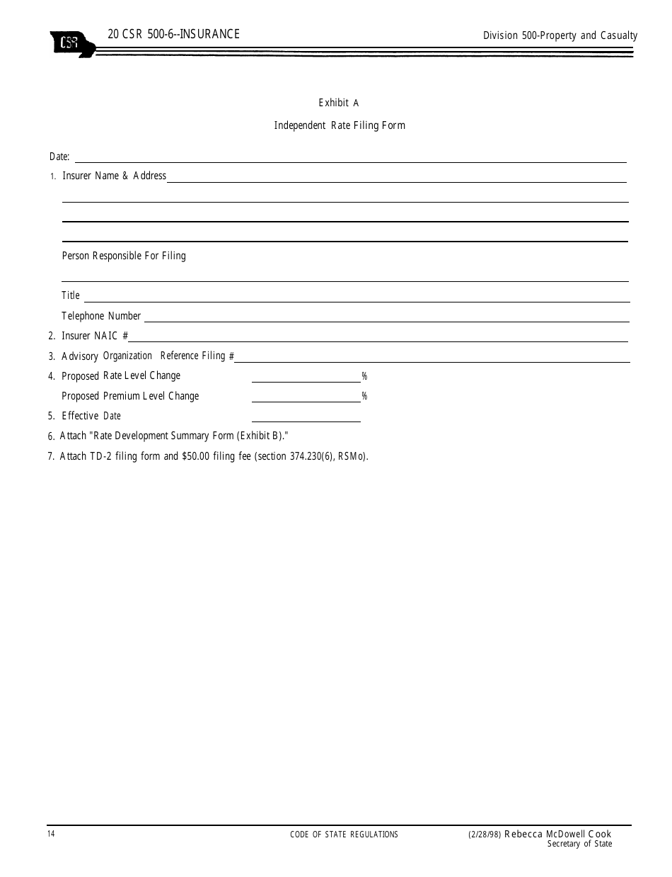 Exhibit A Independent Rate Filing Form - Missouri, Page 1