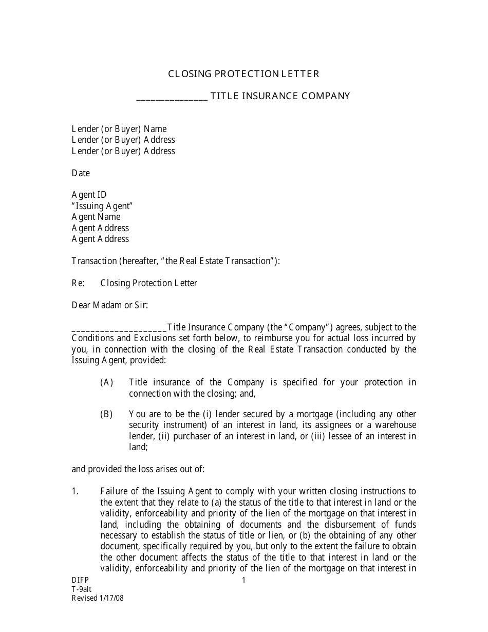 Form T-9ALT Closing Protection Letter - Missouri, Page 1