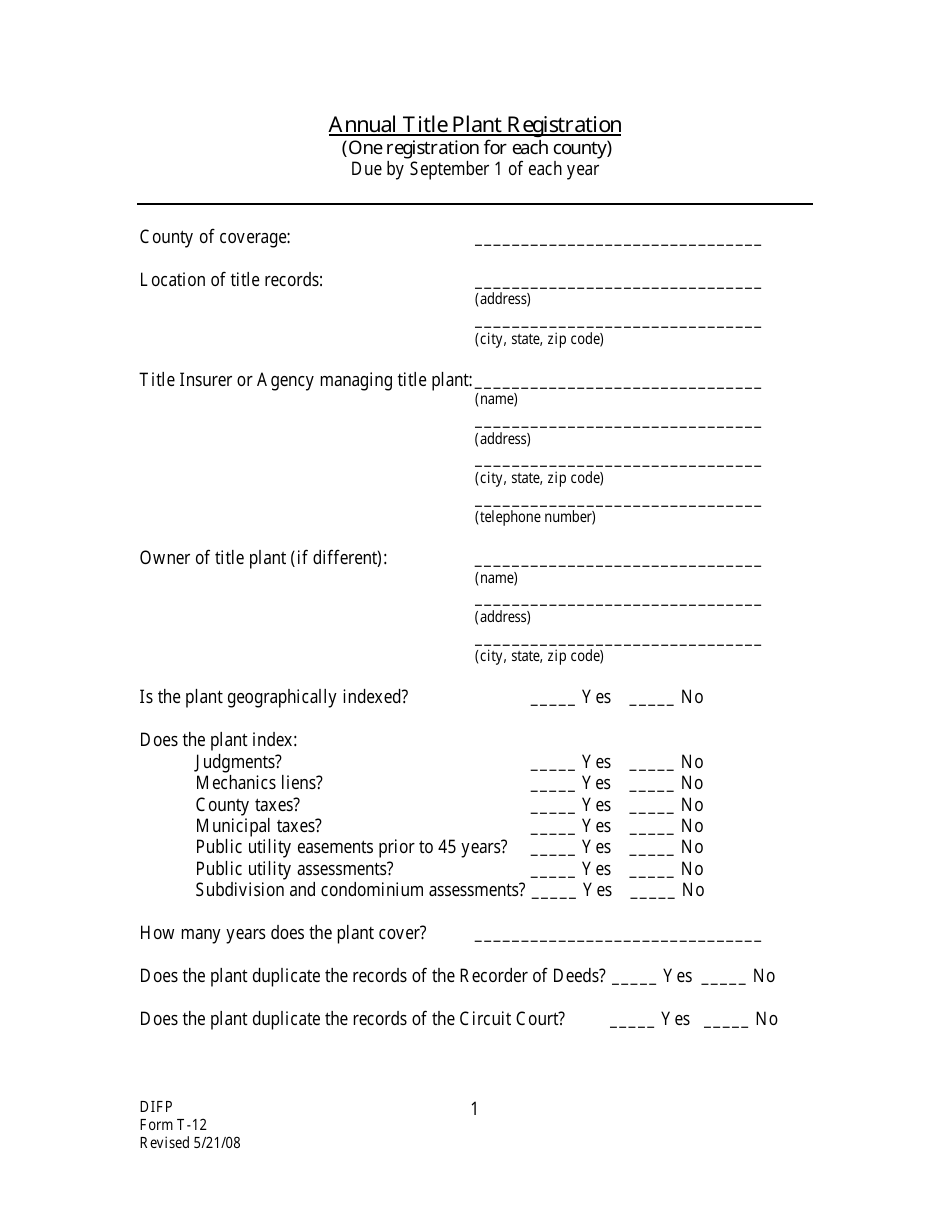 Form T-12 Annual Title Plant Registration - Missouri, Page 1