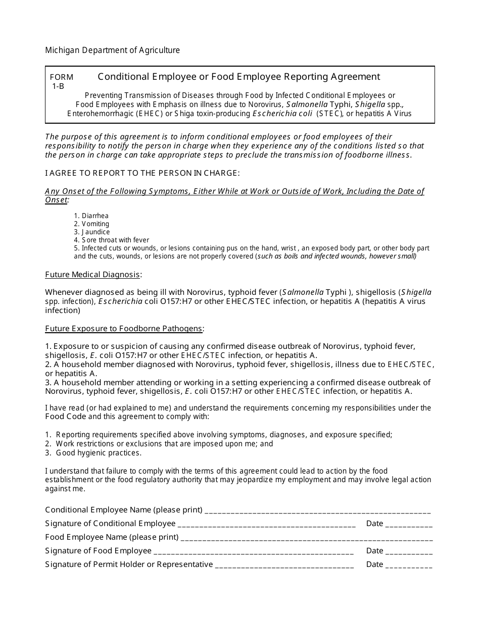 Form 1-B Conditional Employee or Food Employee Reporting Agreement - Michigan, Page 1