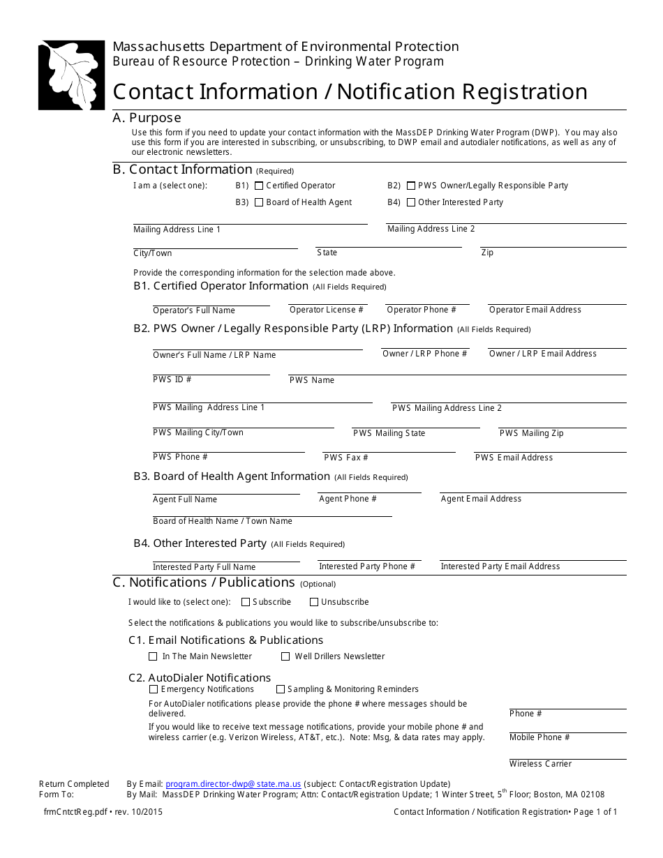 Contact Information / Notification Registration - Massachusetts, Page 1