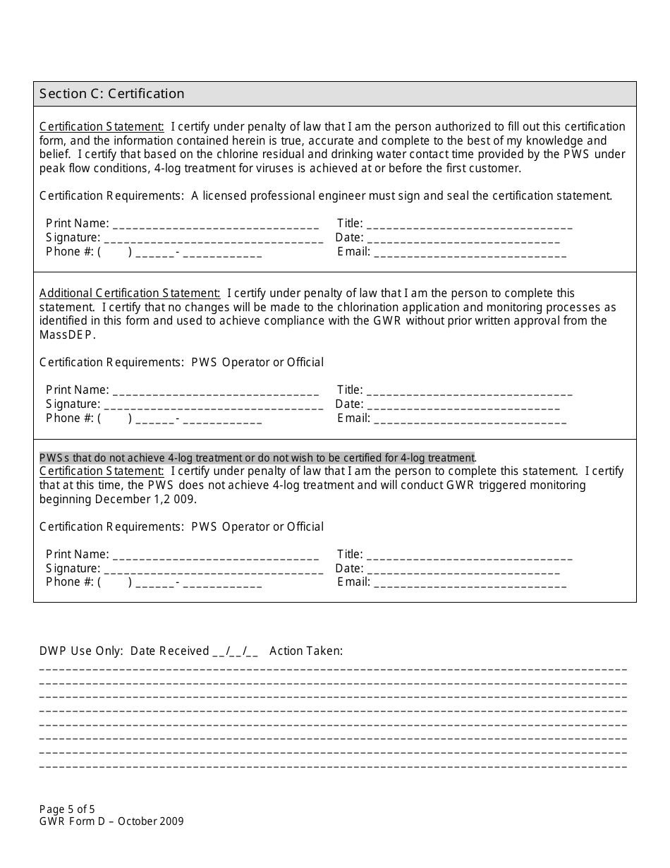 GWR Form D Request for 4-log Certification - Massachusetts, Page 5