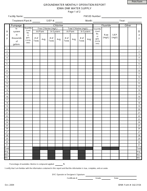 DNR Form 542-3104 Groundwater Monthly Operation Report - Iowa