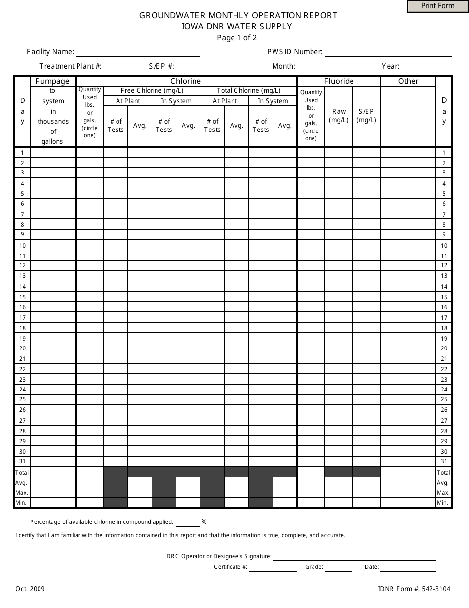 DNR Form 542-3104 Groundwater Monthly Operation Report - Iowa, Page 1