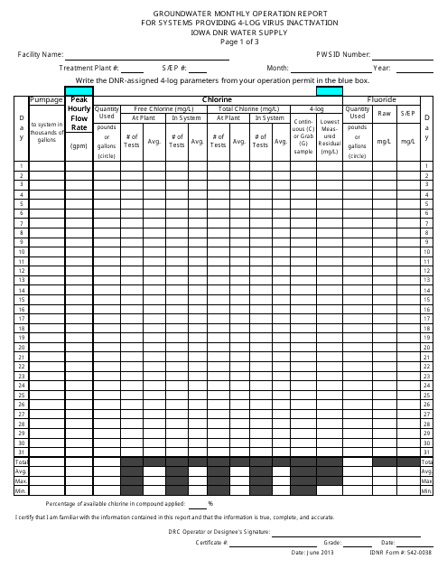 DNR Form 542-0038 Groundwater Monthly Operation Report for Systems Providing 4-log Virus Inactivation - Iowa
