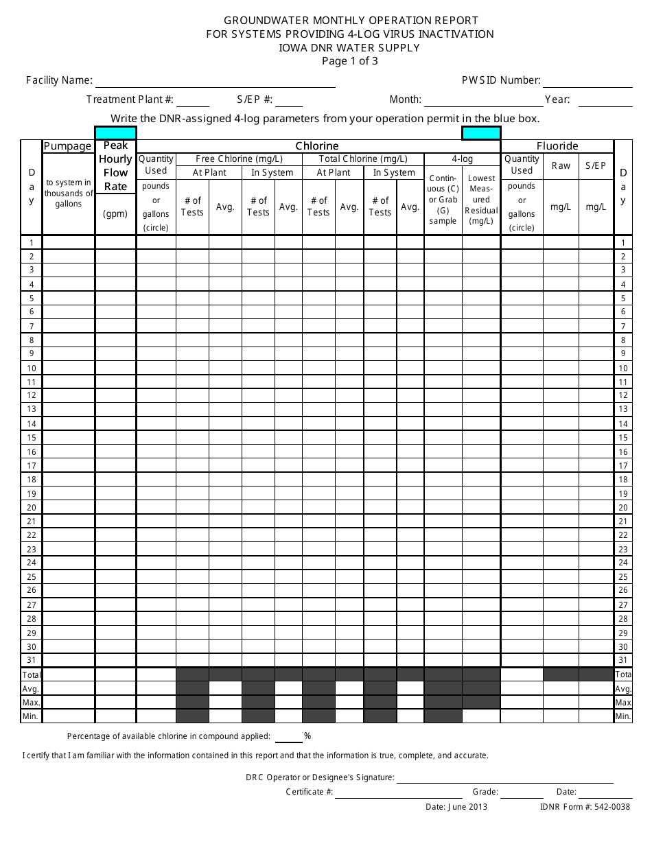 DNR Form 542-0038 Groundwater Monthly Operation Report for Systems Providing 4-log Virus Inactivation - Iowa, Page 1