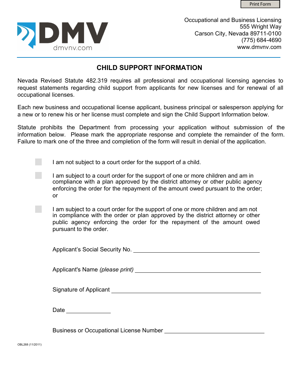 Form OBL268 Child Support Information - Nevada, Page 1
