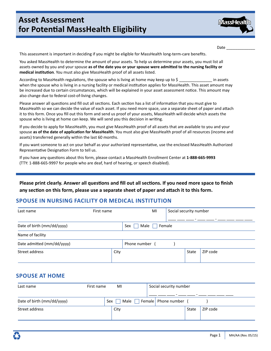 Form MH/AA Masshealth Asset Assessment for Potential Masshealth Eligibility - Massachusetts, Page 1