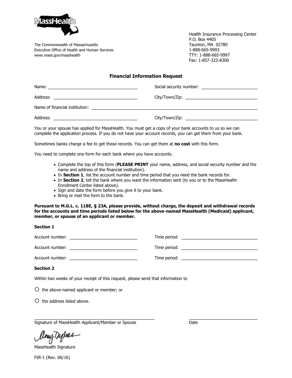 Form FIR-1 Financial Information Request - Massachusetts, Page 1