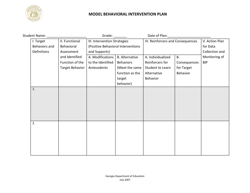 Model Behavioral Intervention Plan - Georgia (United States), Page 1