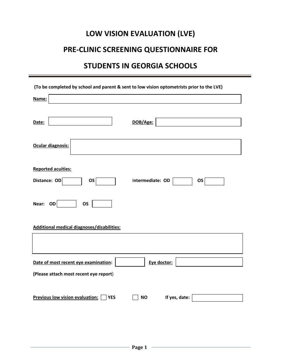 Low Vision Evaluation (Lve) Pre-clinic Screening Questionnaire for Students in Georgia Schools - Georgia (United States), Page 1