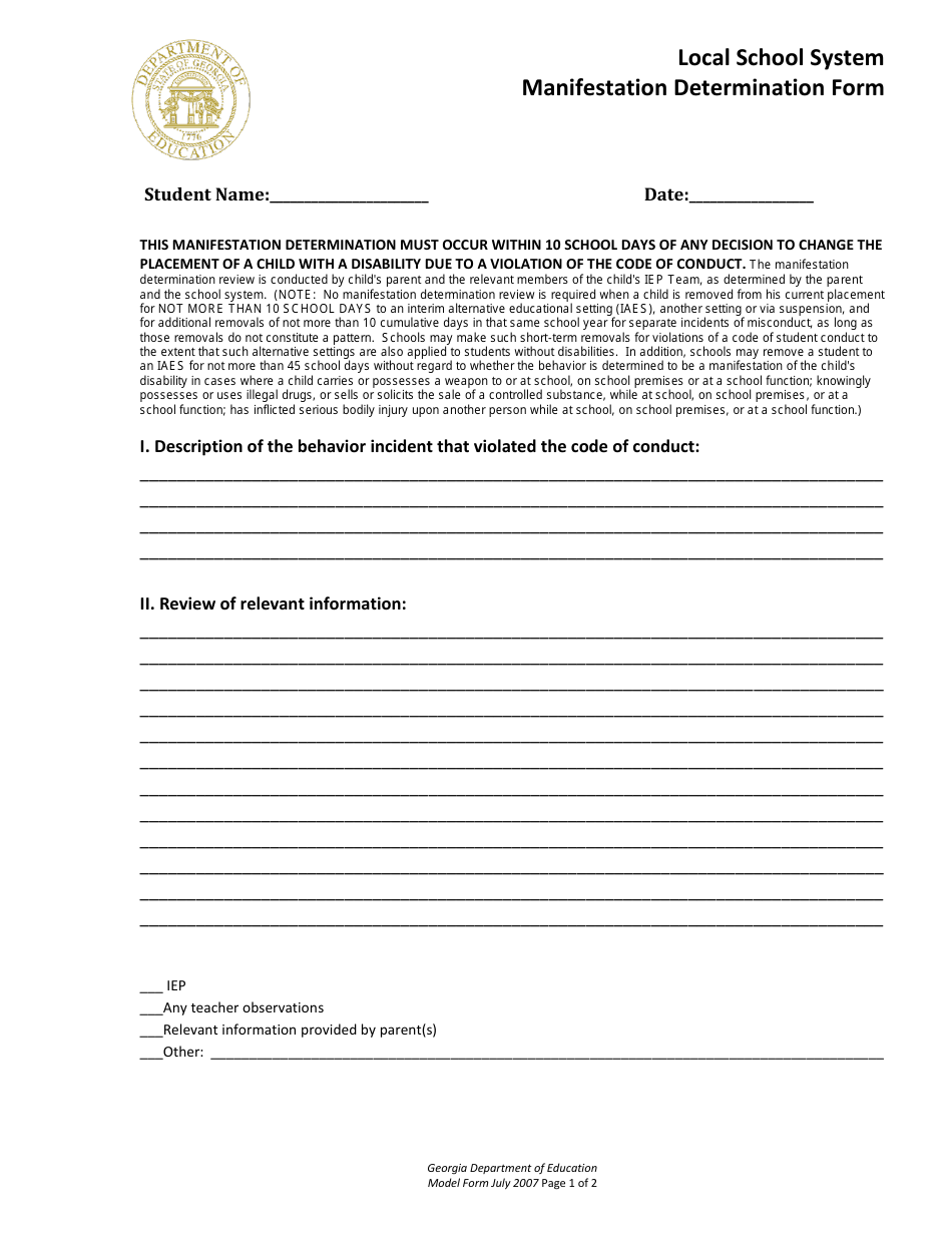 Local School System Manifestation Determination Form - Georgia (United States), Page 1