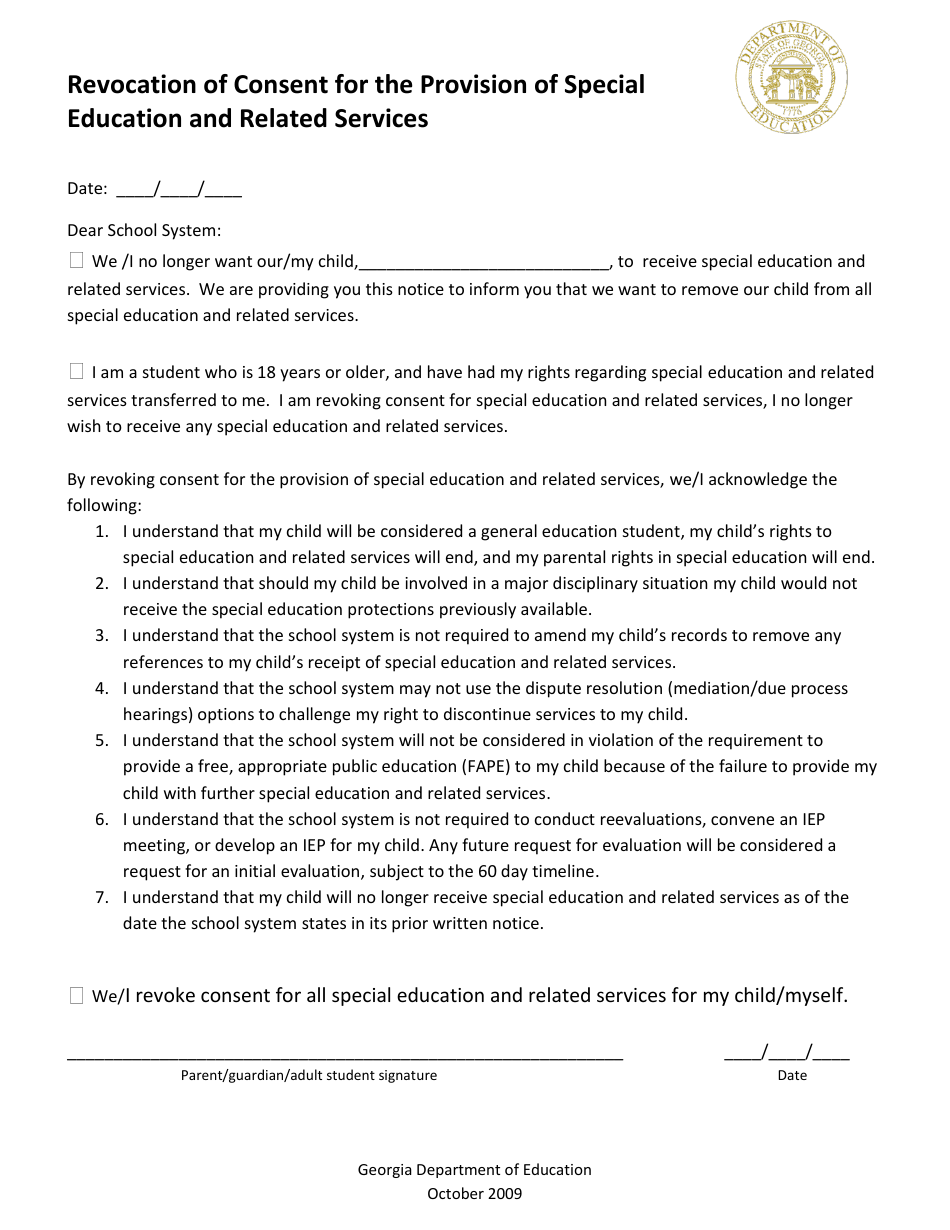Revocation of Consent for the Provision of Special Education and Related Services - Georgia (United States), Page 1