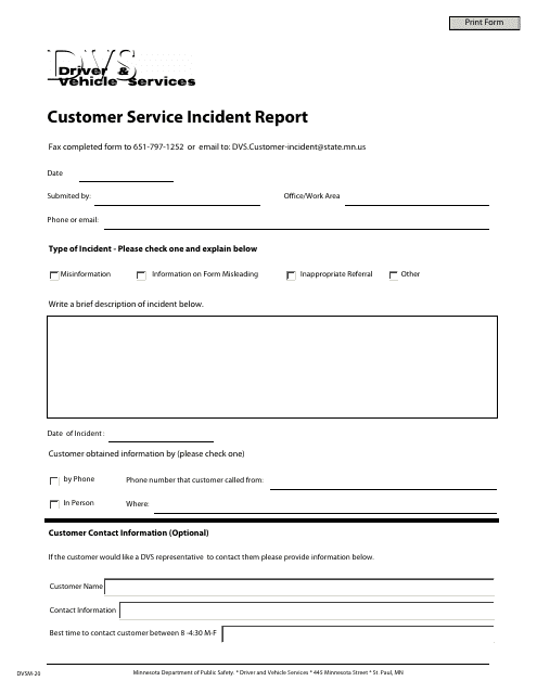 Form DVSM-20 Customer Service Incident Report - Minnesota