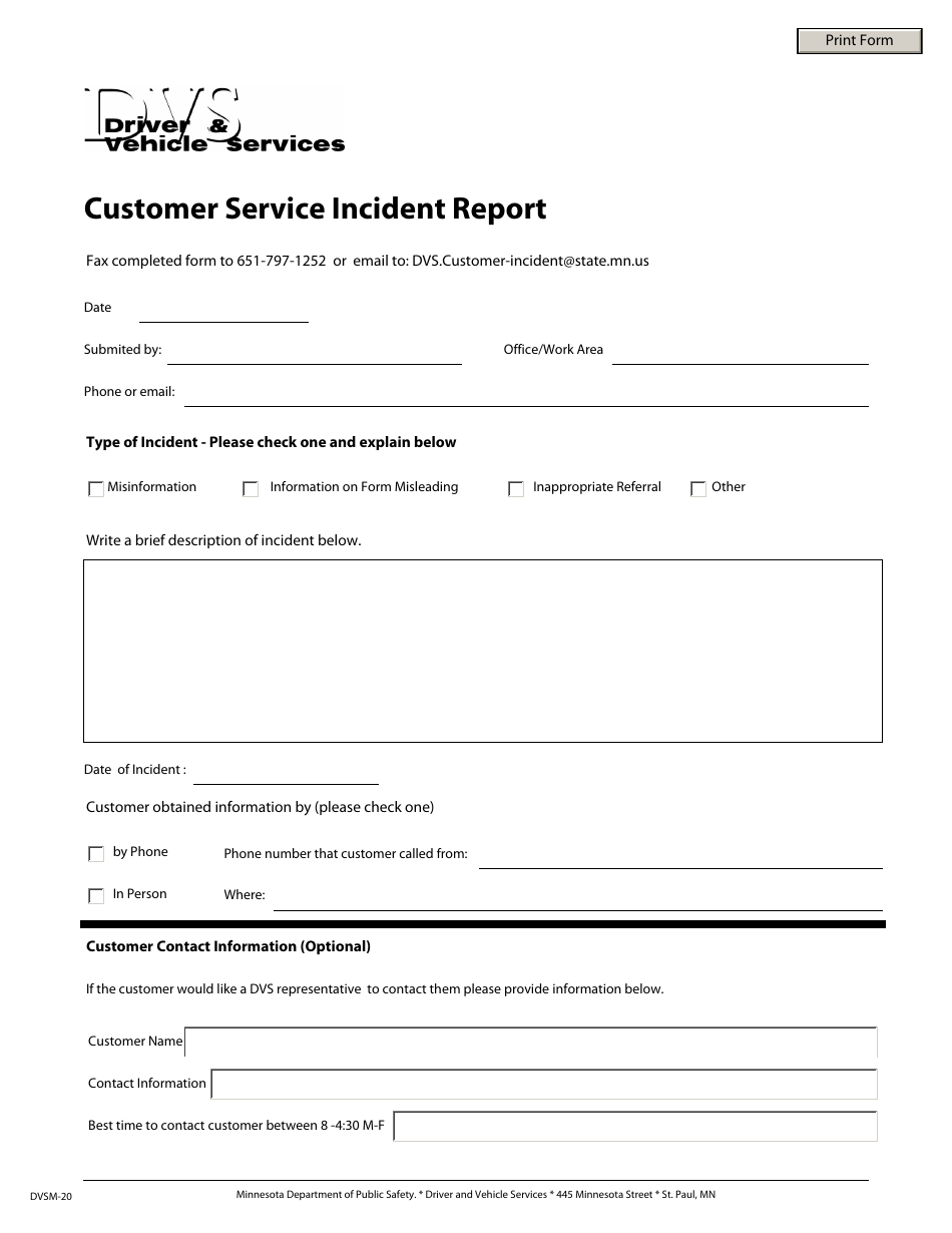 Form DVSM-20 Customer Service Incident Report - Minnesota, Page 1