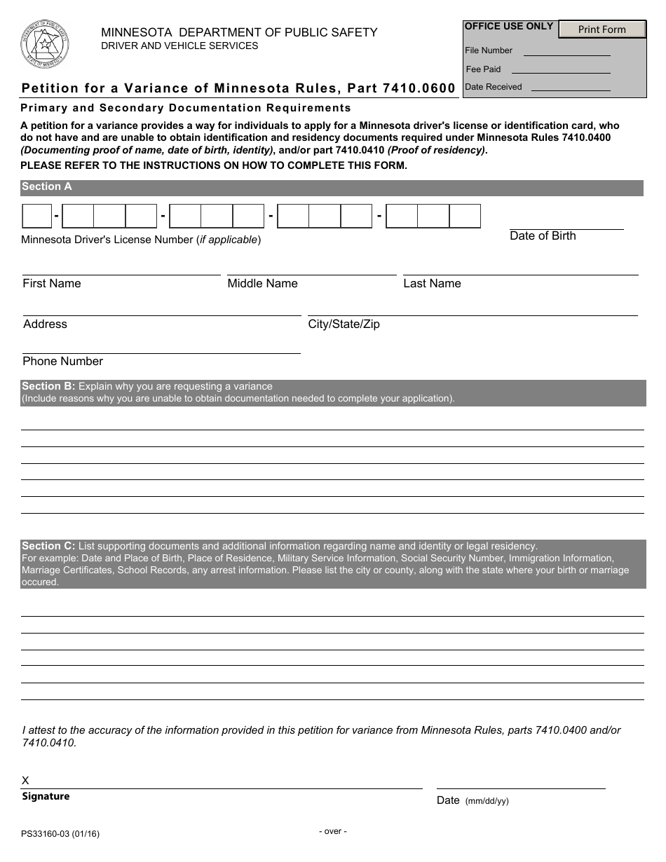 Form PS33160-03 Part 7410.0600 Petition for a Variance of Minnesota Rules - Minnesota, Page 1