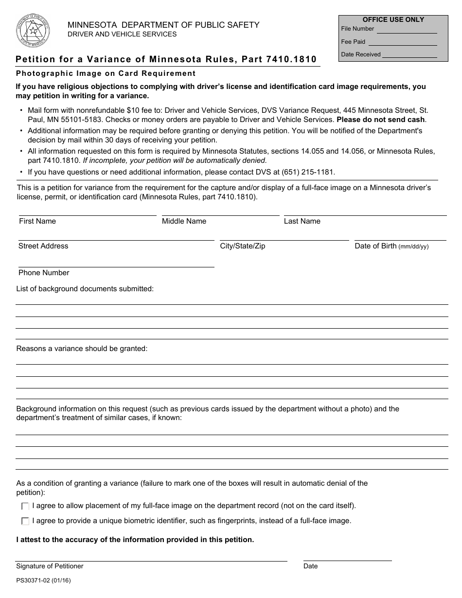 Form PS30371 Petition for a Variance Form - Religious Conflict With Dl / Id Requirements - Minnesota, Page 1