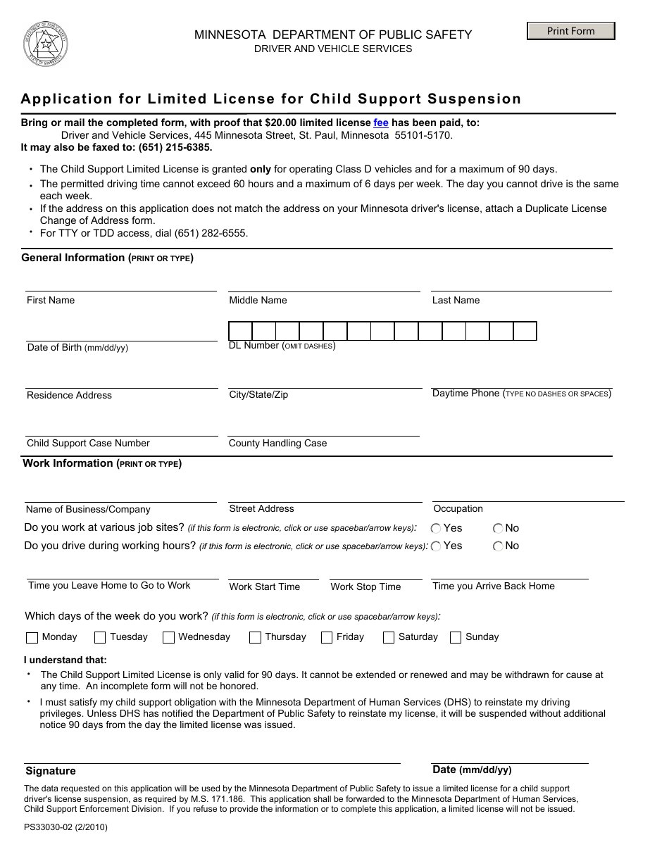 Form PS33030-02 Application for Limited License for Child Support Suspension - Minnesota, Page 1