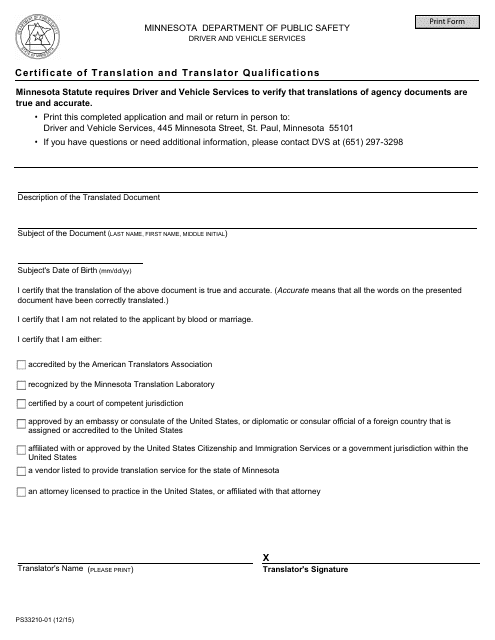 Form PS33210-01 Certificate of Translation and Translator Qualifications - Minnesota