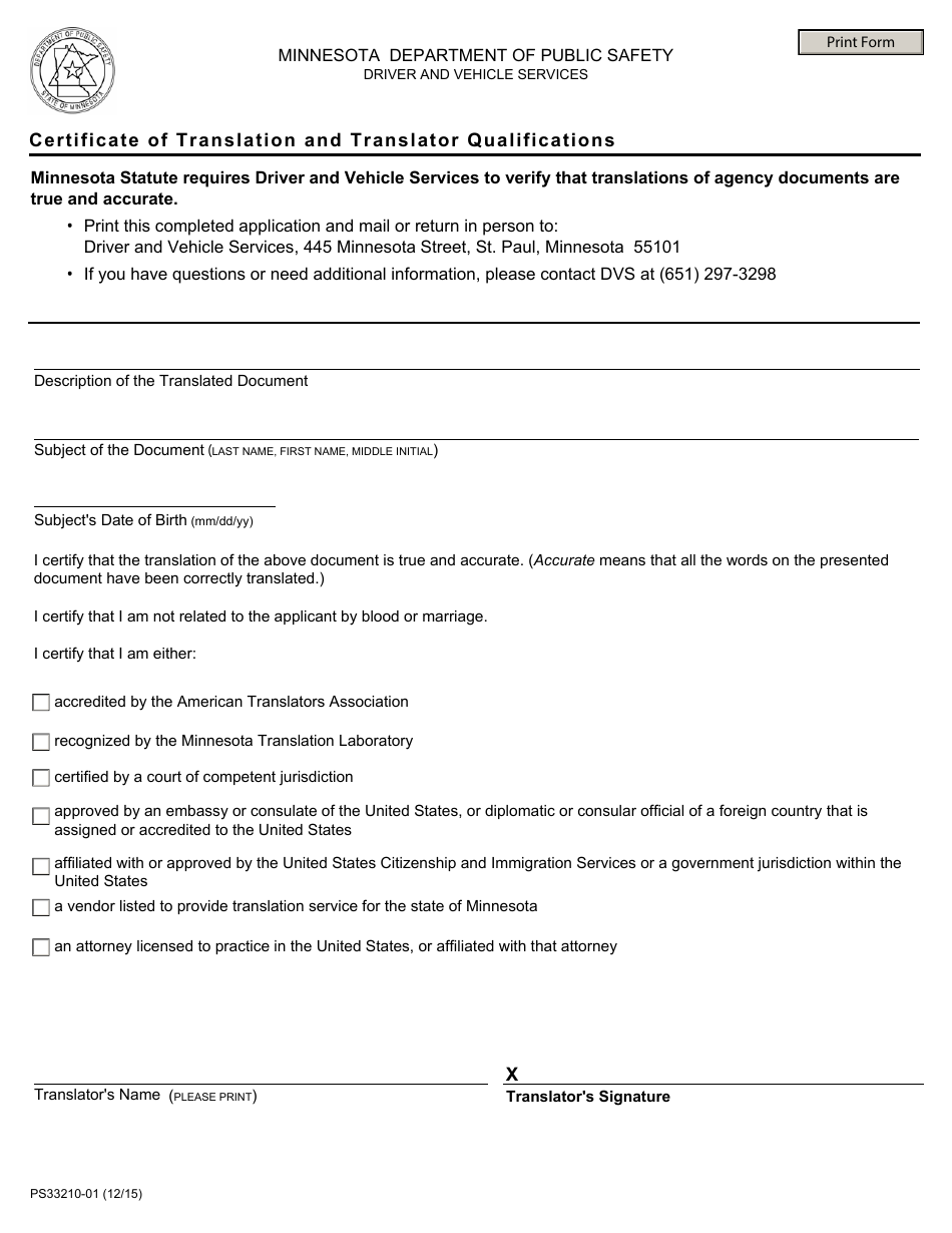Form PS33210-01 Certificate of Translation and Translator Qualifications - Minnesota, Page 1