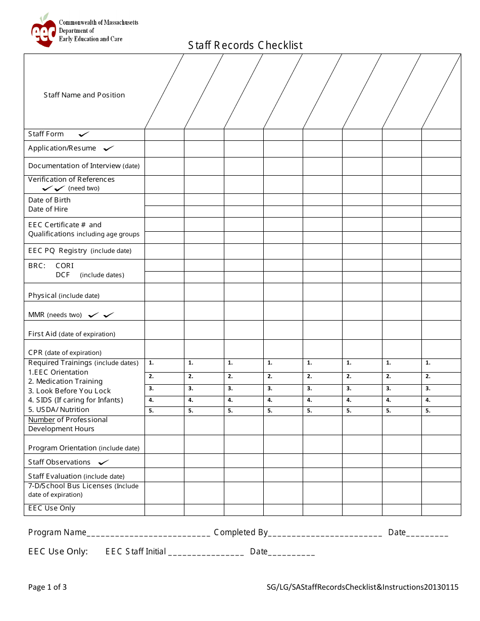 Staff Records Checklist - Massachusetts, Page 1