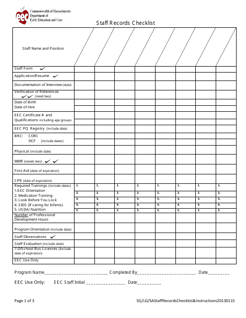 Staff Records Checklist - Massachusetts