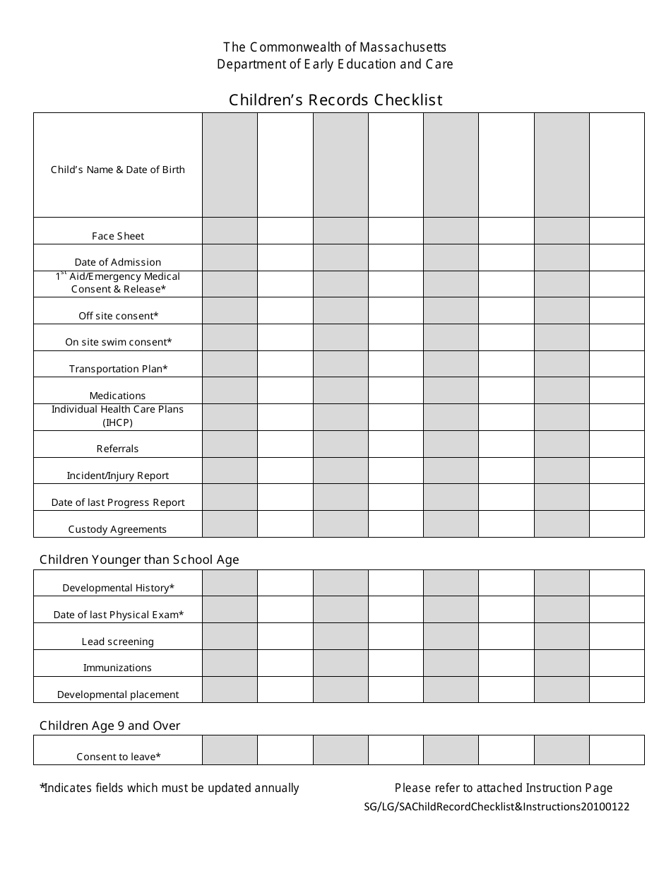 Childrens Records Checklist - Massachusetts, Page 1