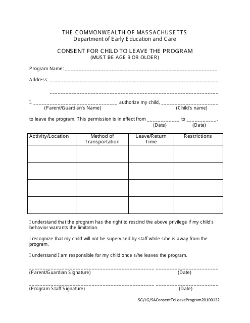 Consent for Child to Leave the Program - Massachusetts Download Pdf
