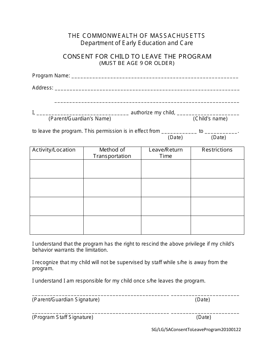 Consent for Child to Leave the Program - Massachusetts, Page 1