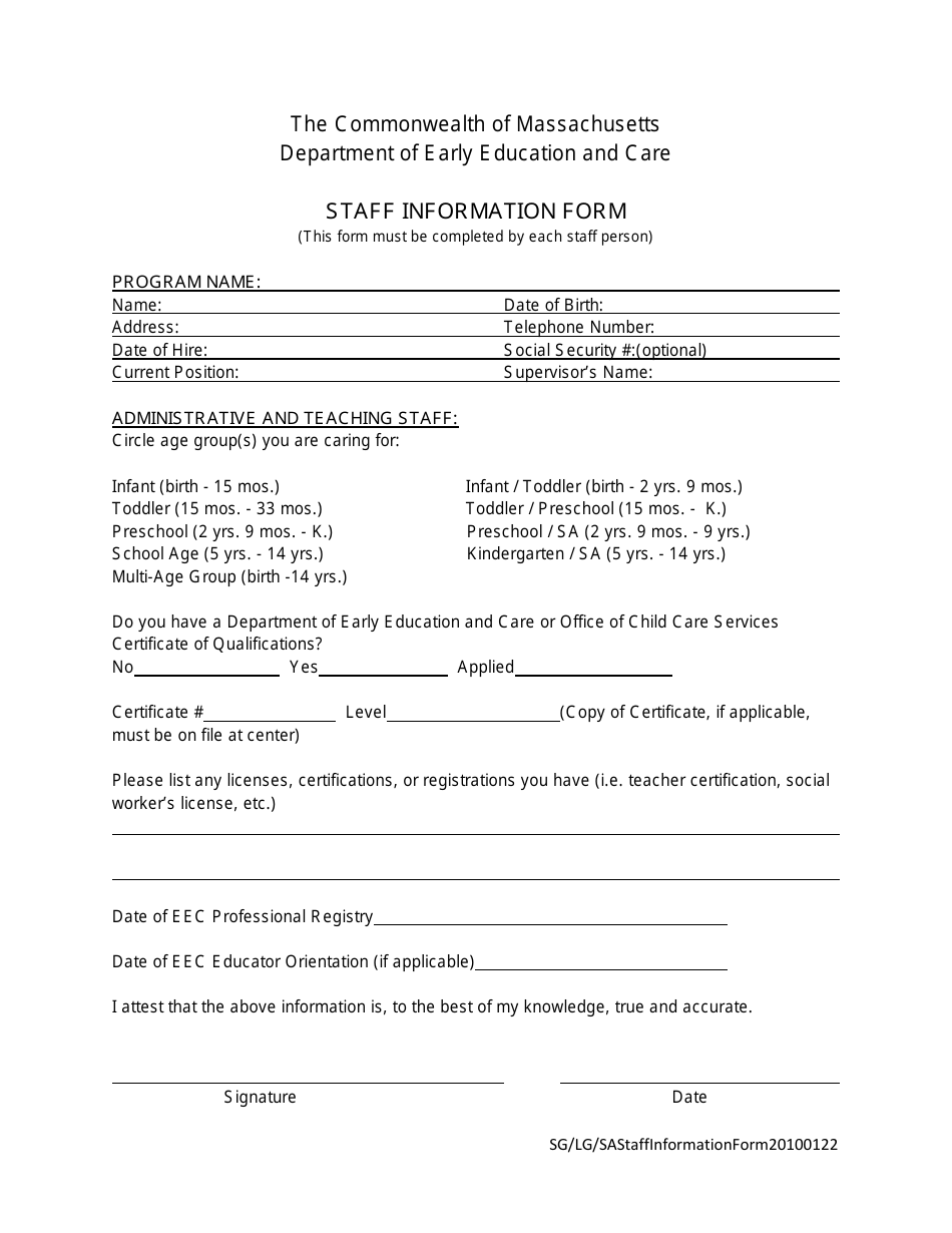 Staff Information Form - Massachusetts, Page 1